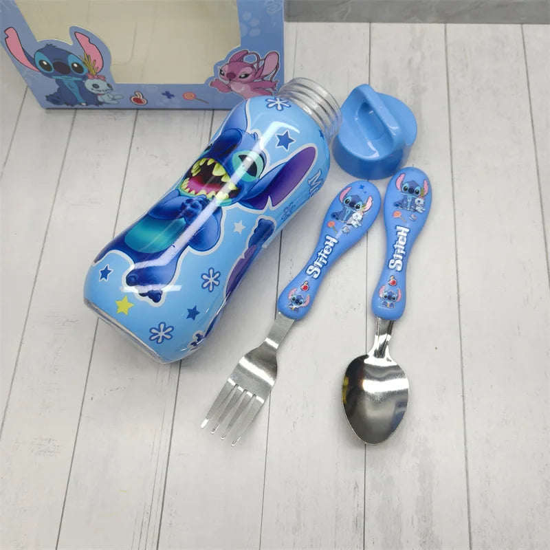 Set Vaisselle Enfant Disney Stitch 3 Pièces - Gourde Cuillère Fourchette Cartoon Portable Outdoor Cadeau