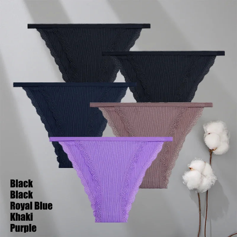 Lot 5 Culottes Dentelle Coton Femme - Slips Couleur Unie Sexy Confortables | Lingerie Respirante