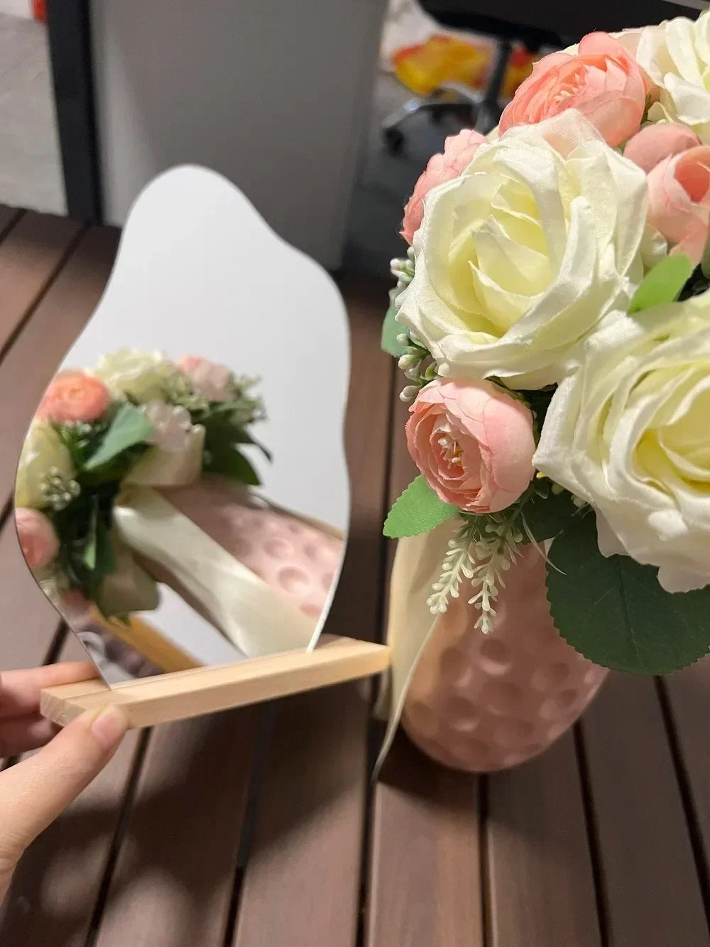 Miroir Décoratif Acrylique Base Bois - Minimaliste Irrégulier Maquillage Chambre Coiffeuse Beauté Cosmétiques