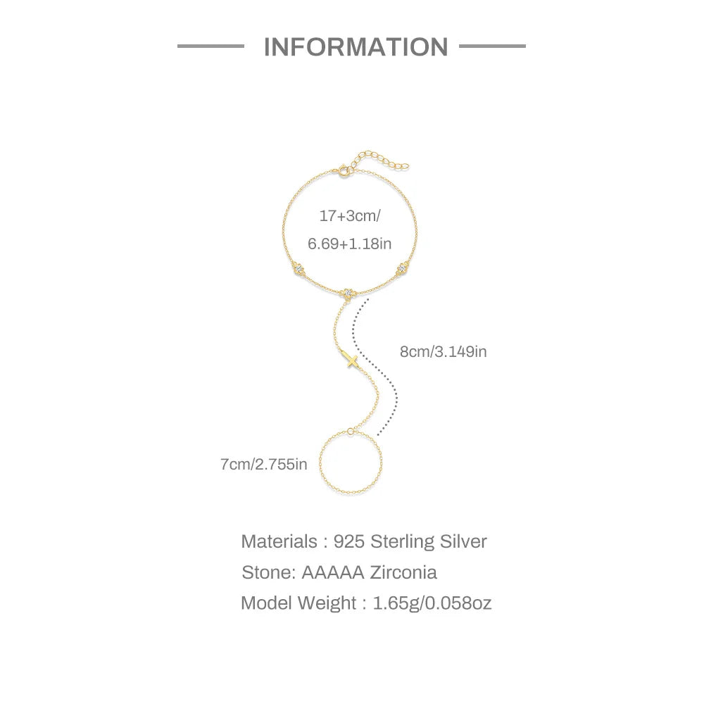 Bracelet Bague Argent 925 Cœur Pétale Zircon - Chaîne Main Femme Minimaliste Scintillant