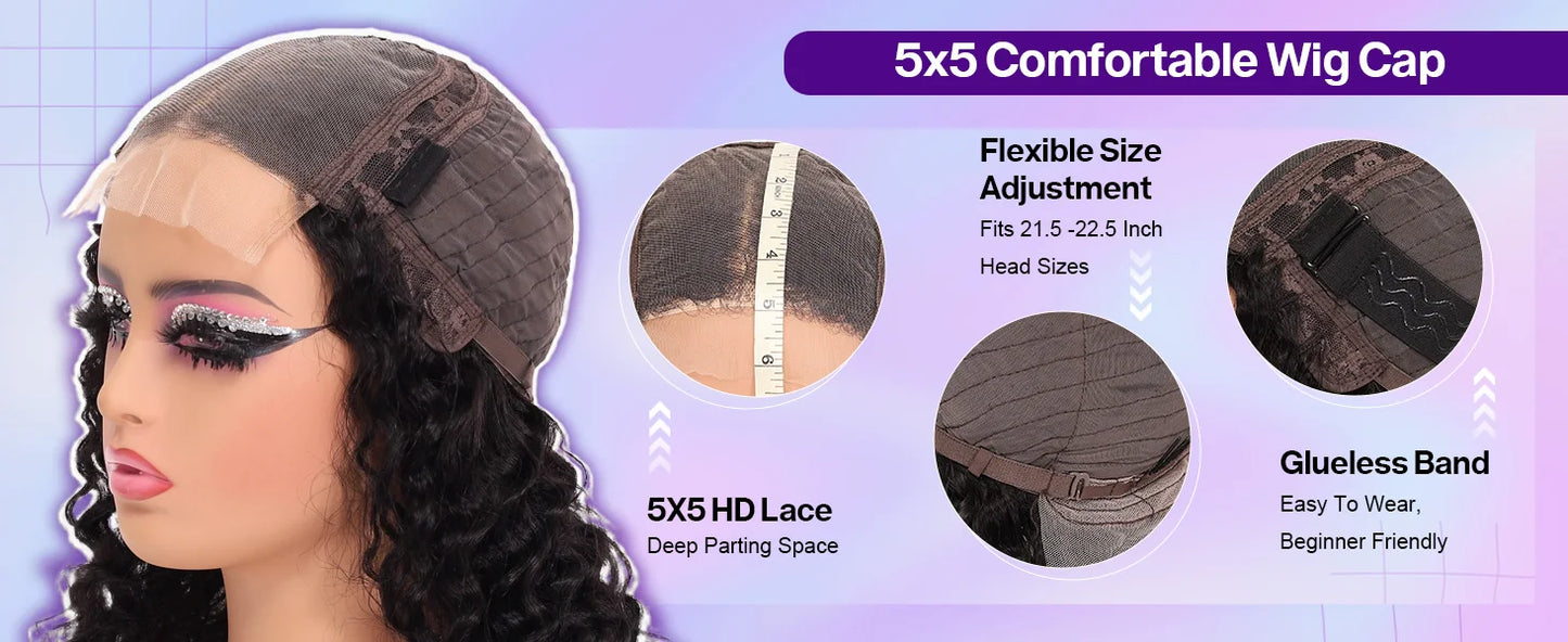 Perruque Bob Courte Cheveux Humains 10 Pouces - Lace Front 5x5 Sans Colle Deep Wave
