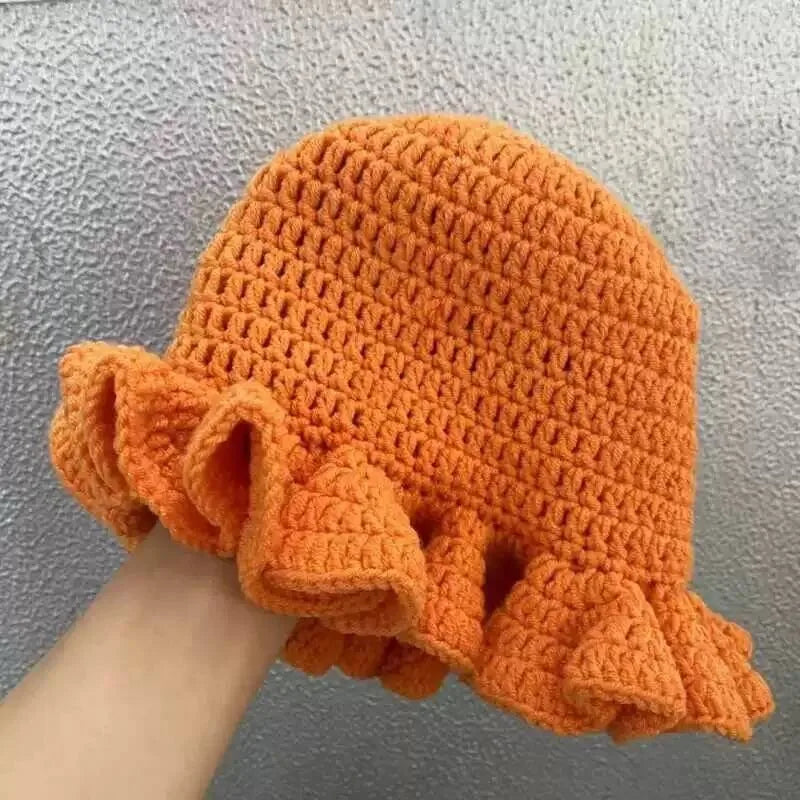 Chapeau Bob Crochet Tricoté Main Femme - Bonnet Pêcheur Bordure à Volants Couleur Unie pour Automne Hiver