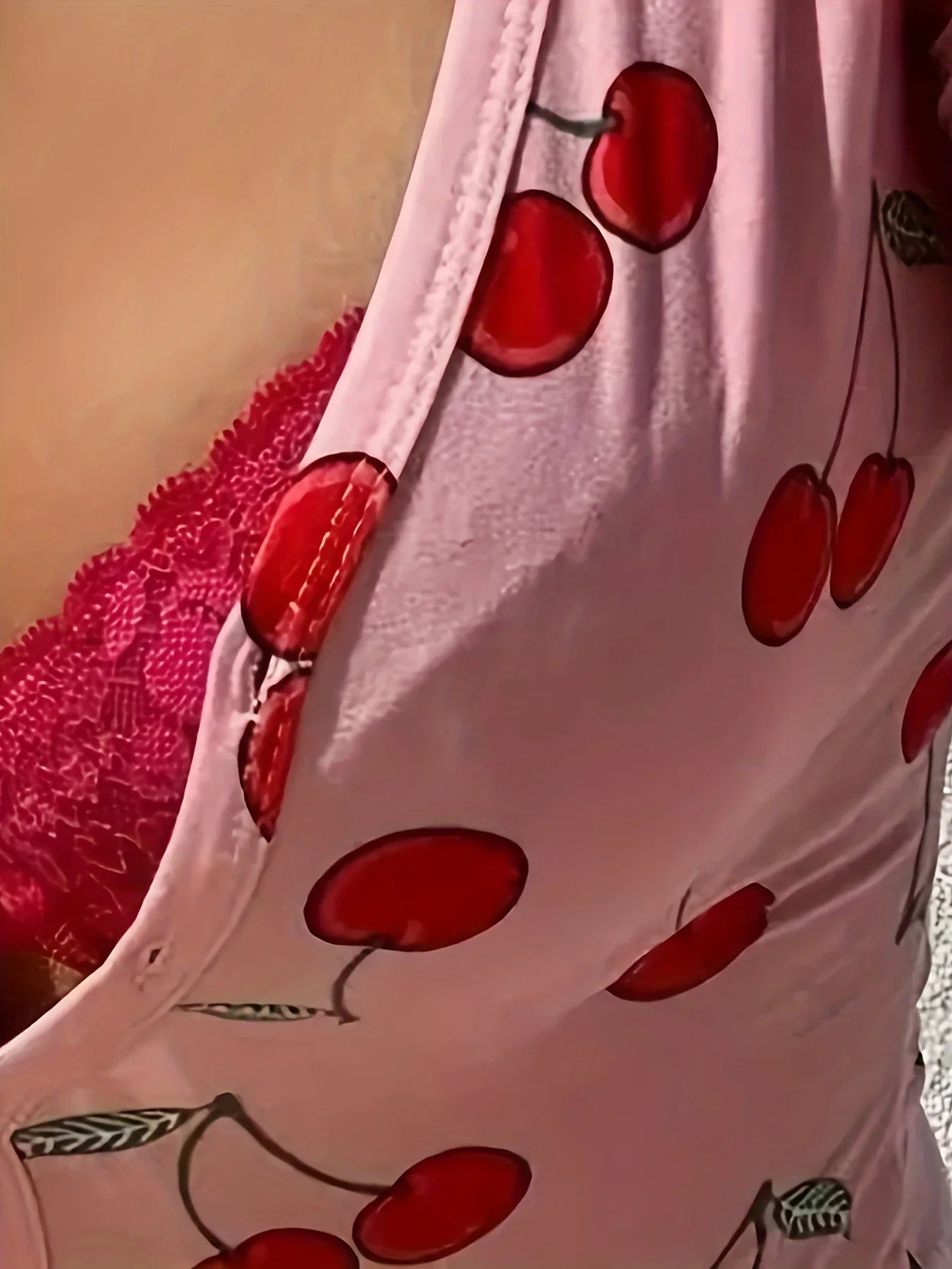 Combinaison Pyjama Cerises Femme Sexy - Col V Boutons Manches Longues Slim