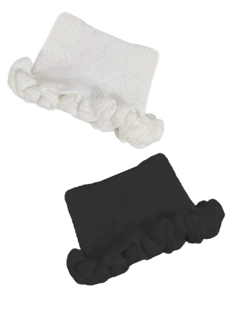 Bonnet Tricoté Main Y2K Oreilles de Chat - Chapeau Chaud avec Nœud et Bords Plissés pour Automne Hiver