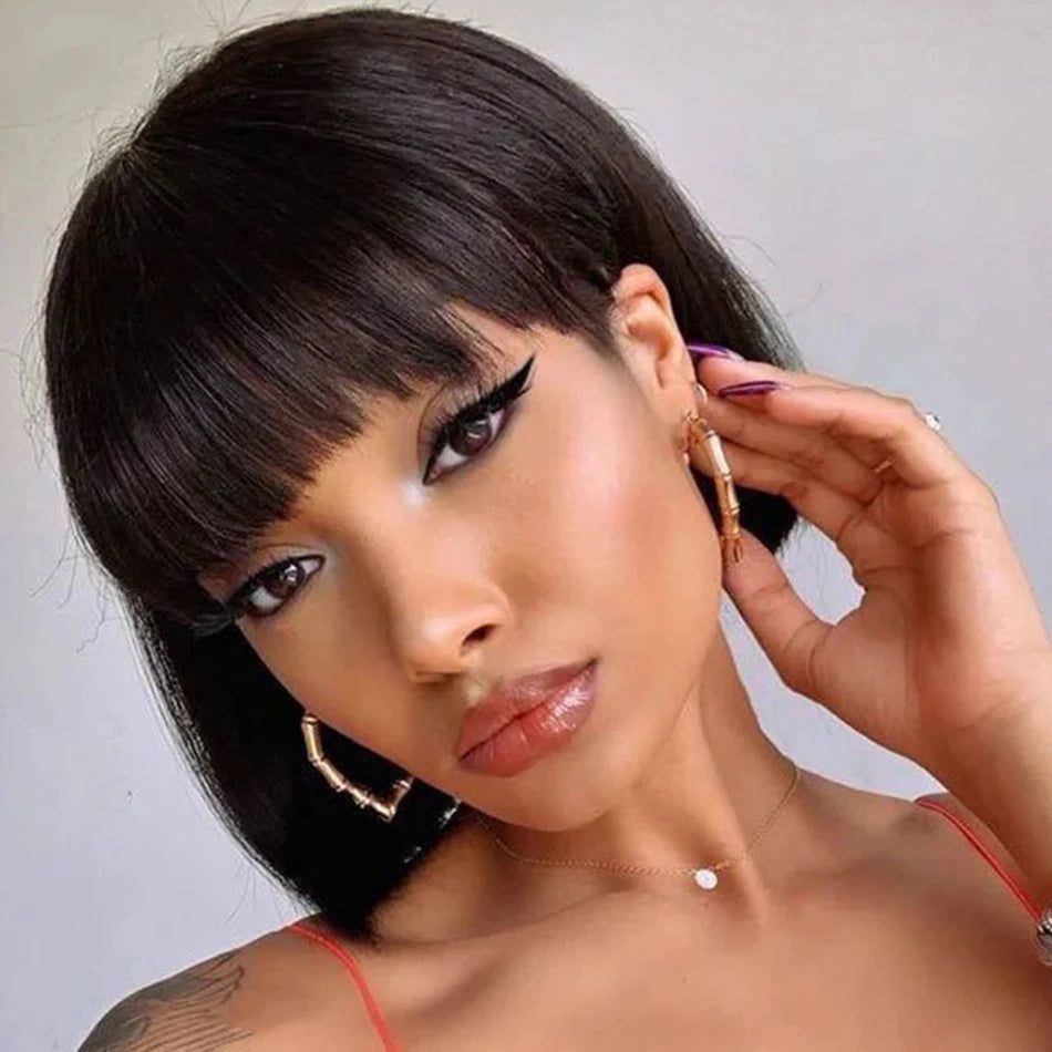 Perruque Cheveux Humains Péruviens Bob Lisse Frange - Sans Lace Naturelle Courte Femme Noire