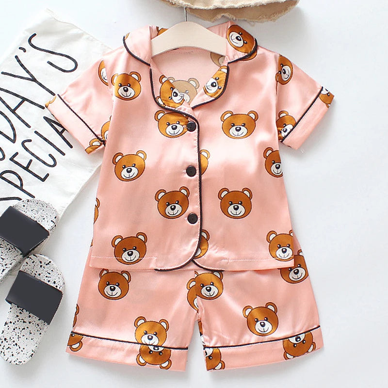 Kids Cartoon Bear Pajama Set - Ice Silk Satin Summer Sleepwear