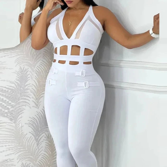 Combinaison Femme Été - Jumpsuit Moulant Mesh Ajouré Sans Manches