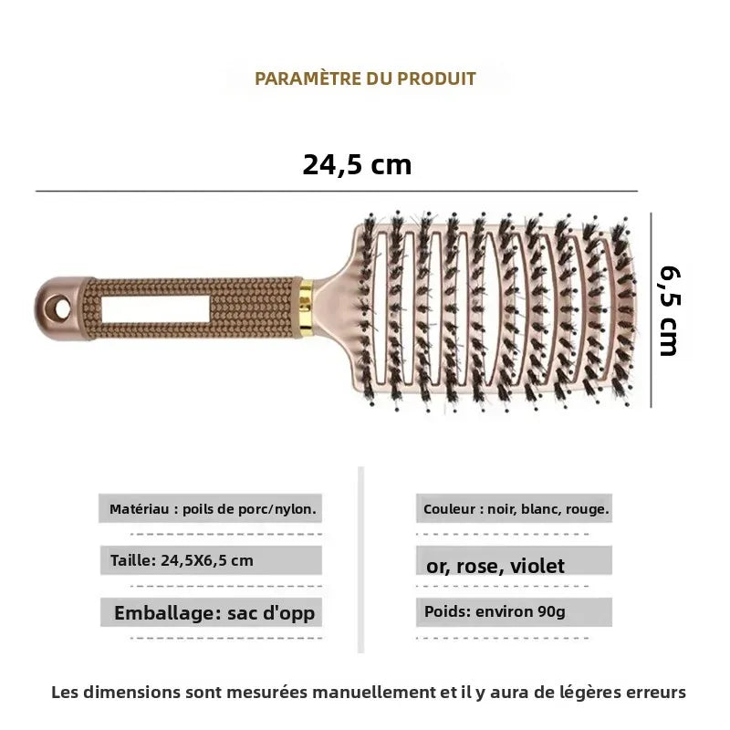 Brosse Cheveux Massage Cuir Chevelu - Poils Sanglier Nylon Femme Mouillés Bouclés Démêlage Salon Coiffure