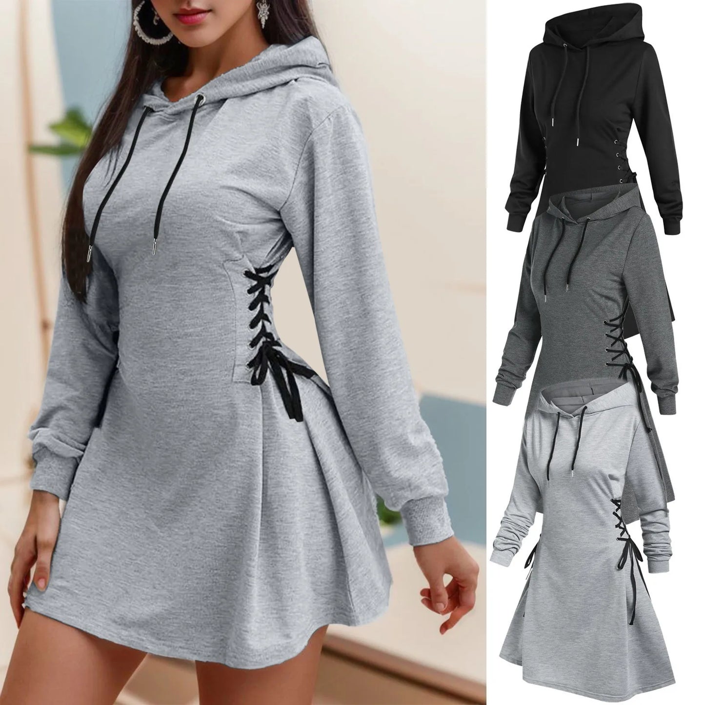 Robe Sweatshirt Femme Automne - Capuche Manches Longues Lacets Taille Casual Loose