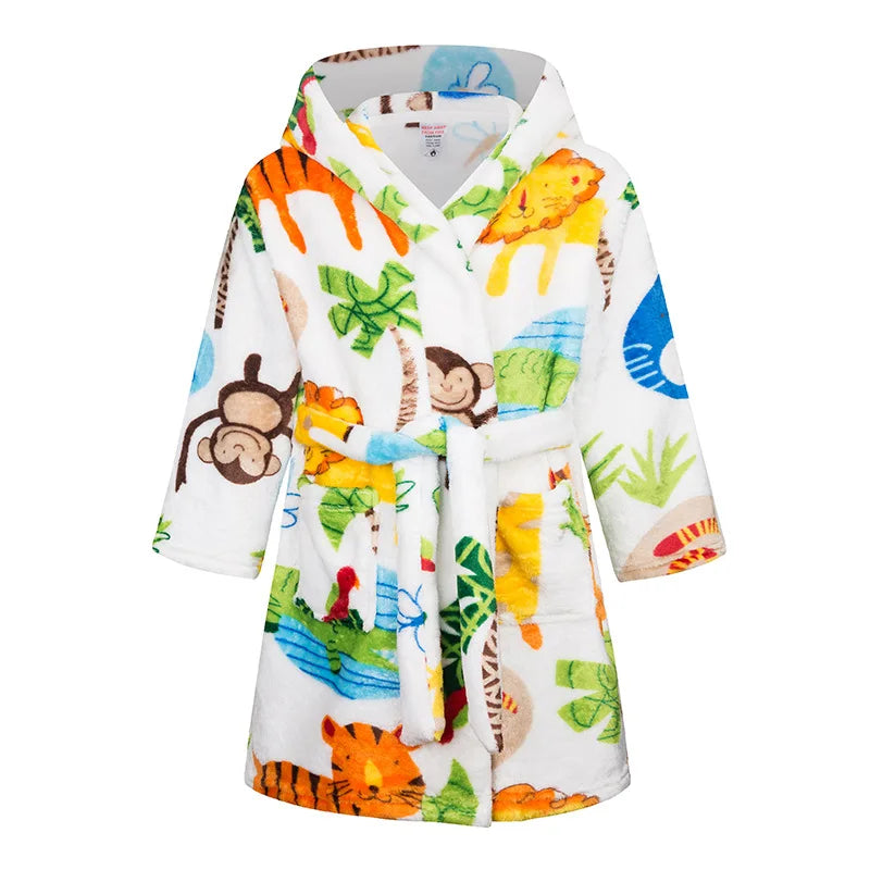 Peignoir Enfant Flanelle à Capuche - Robe de Chambre Douce Motif Cartoon - Automne Hiver 2-12 Ans