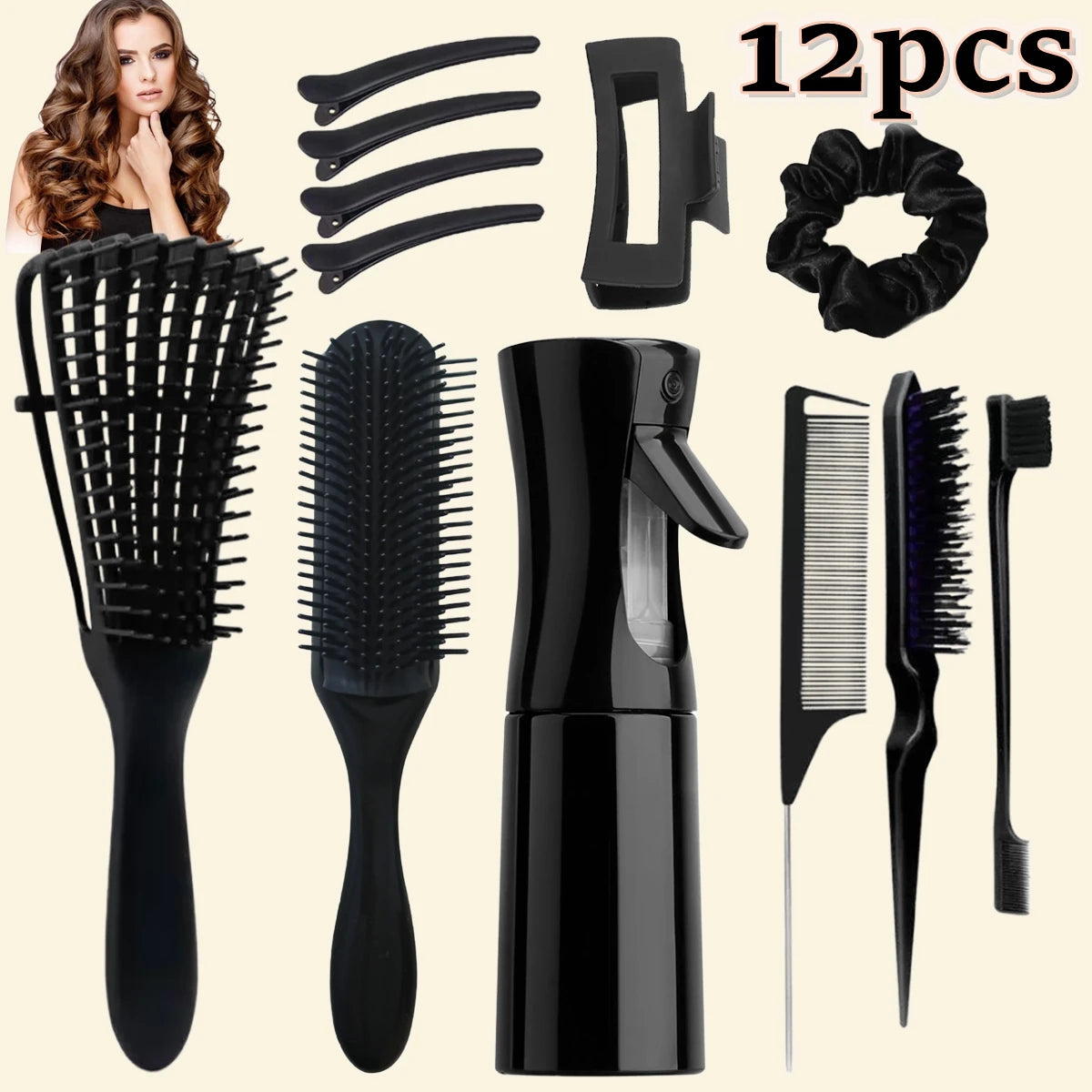 Set 12 Brosses Démêlantes et Accessoires Cheveux - Vaporisateur 200ml Peigne Large Massage Cuir Chevelu