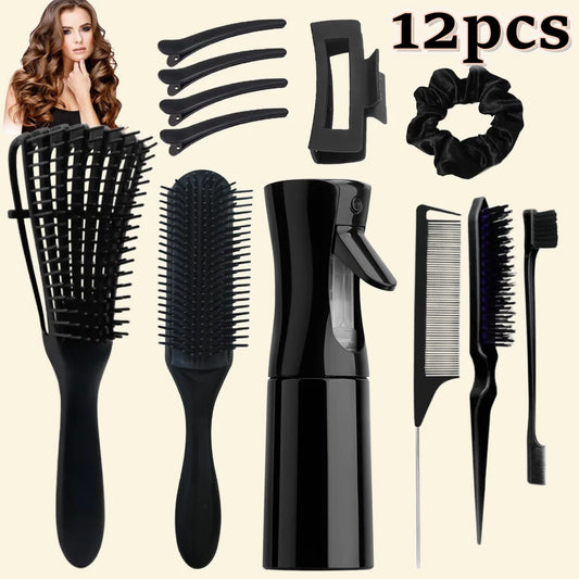 Set 12 Brosses Démêlantes et Accessoires Cheveux - Vaporisateur 200ml Peigne Large Massage Cuir Chevelu