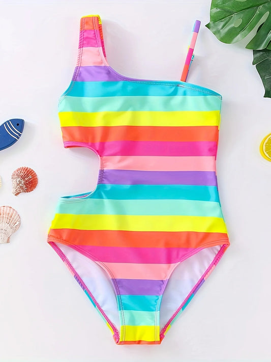 Maillot de Bain Fille Une Pièce Rayures Arc-en-ciel - Été Casual