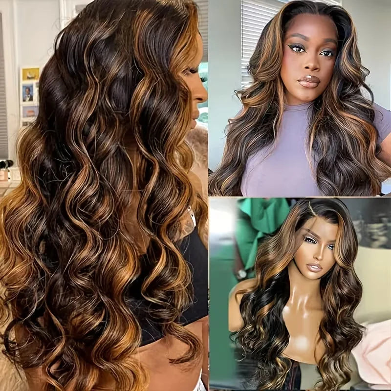 Perruque V Part Body Wave 1B/30 Highlight - Cheveux Humains 220% Densité - Clip Sans Couture