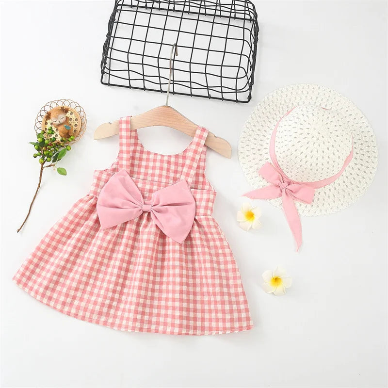 Ensemble Bébé Fille Anniversaire - Robe Carreaux Nœud + Chapeau 2 Pièces 0-3 Ans Été