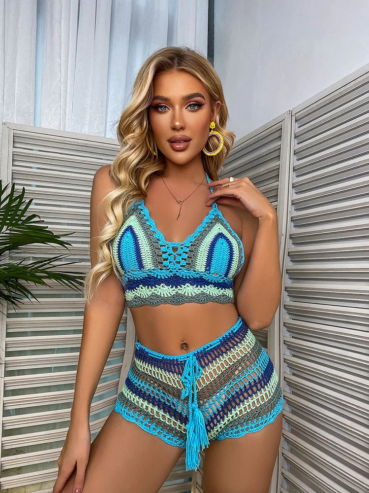 Ensemble Bikini Crochet Rayé Arc-en-Ciel - Top Épaules Dénudées et Bas Assorti Multicolore pour Plage