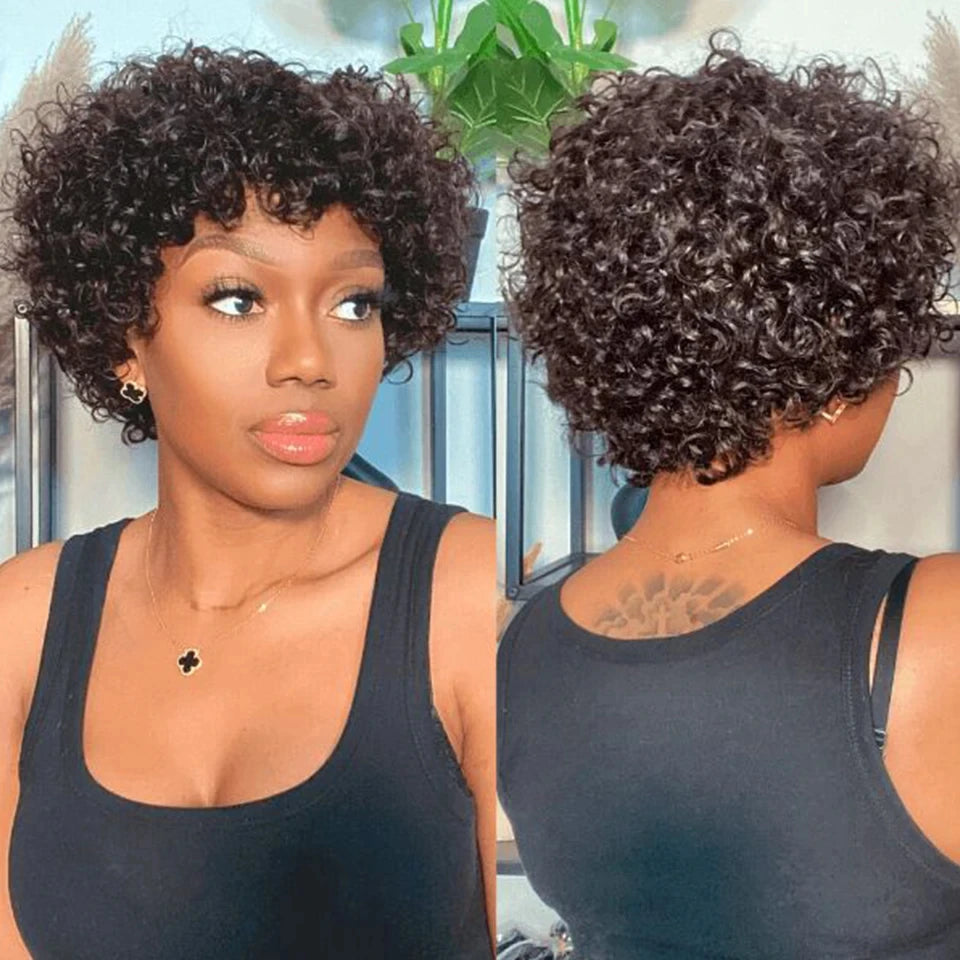 Perruque Courte Pixie Afro Bouclée avec Frange - Cheveux Naturels Brésiliens Remy