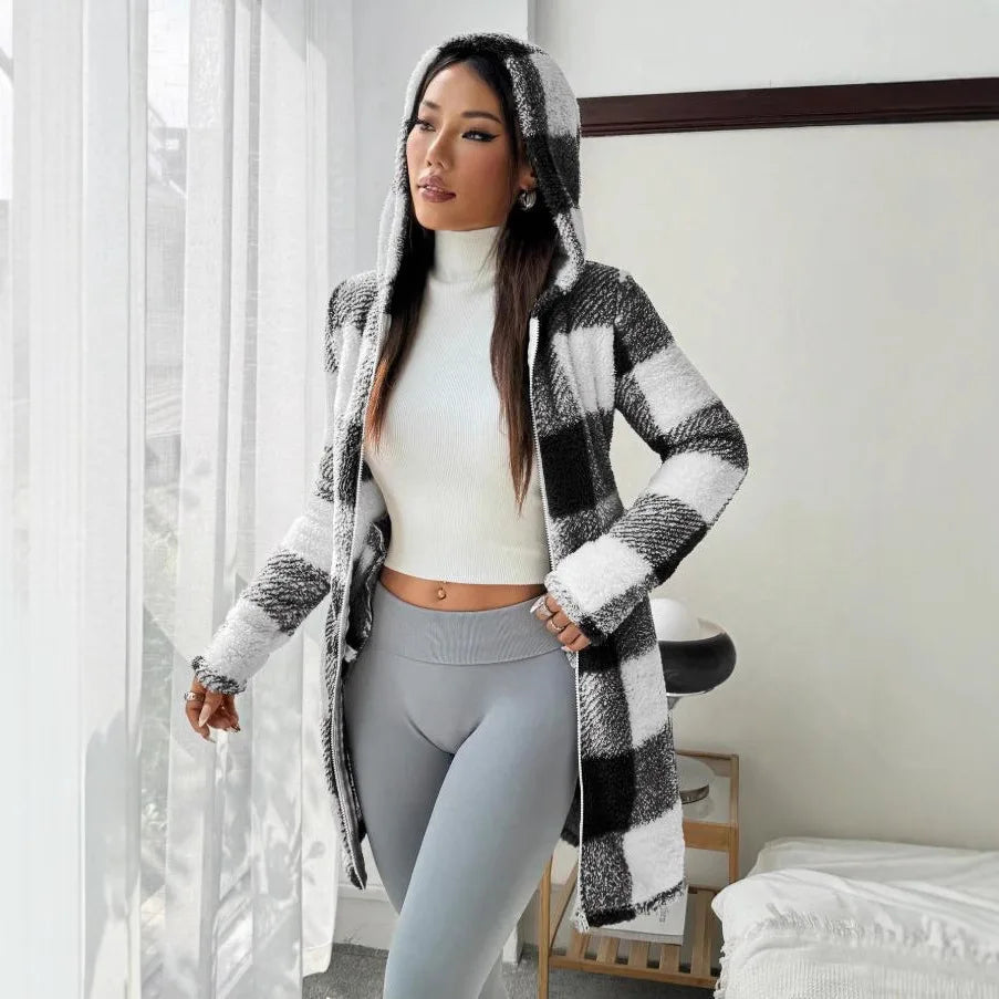 Manteau Femme Hiver Chaud Peluche - Carreaux Capuche Long Zip Cardigan