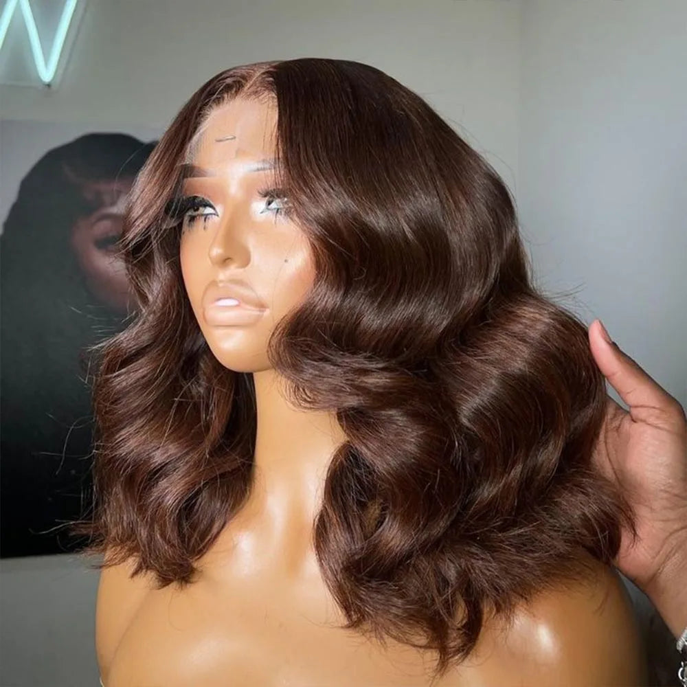 Perruque Bob Cheveux Humains Marron Chocolat - Lace Frontal 13x4 HD Ondulée 16 Pouces
