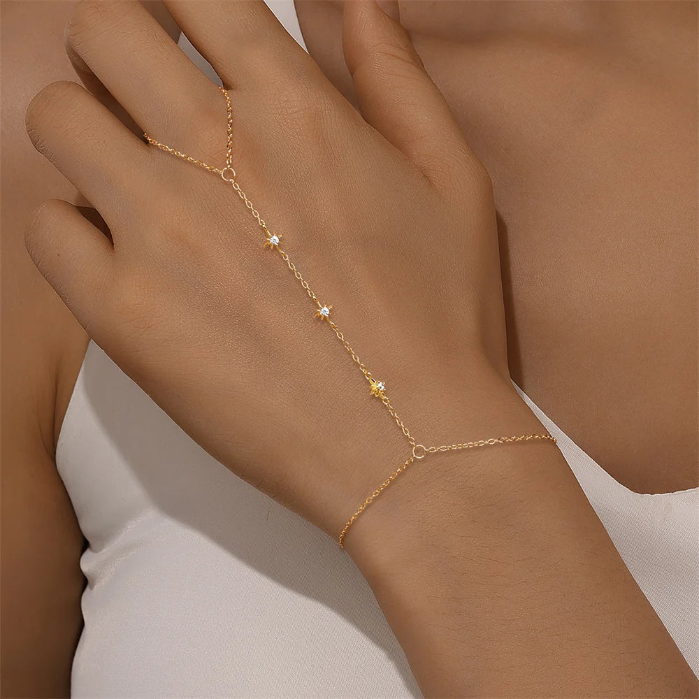 Bracelet Bague Argent 925 Cœur Pétale Zircon - Chaîne Main Femme Minimaliste Scintillant