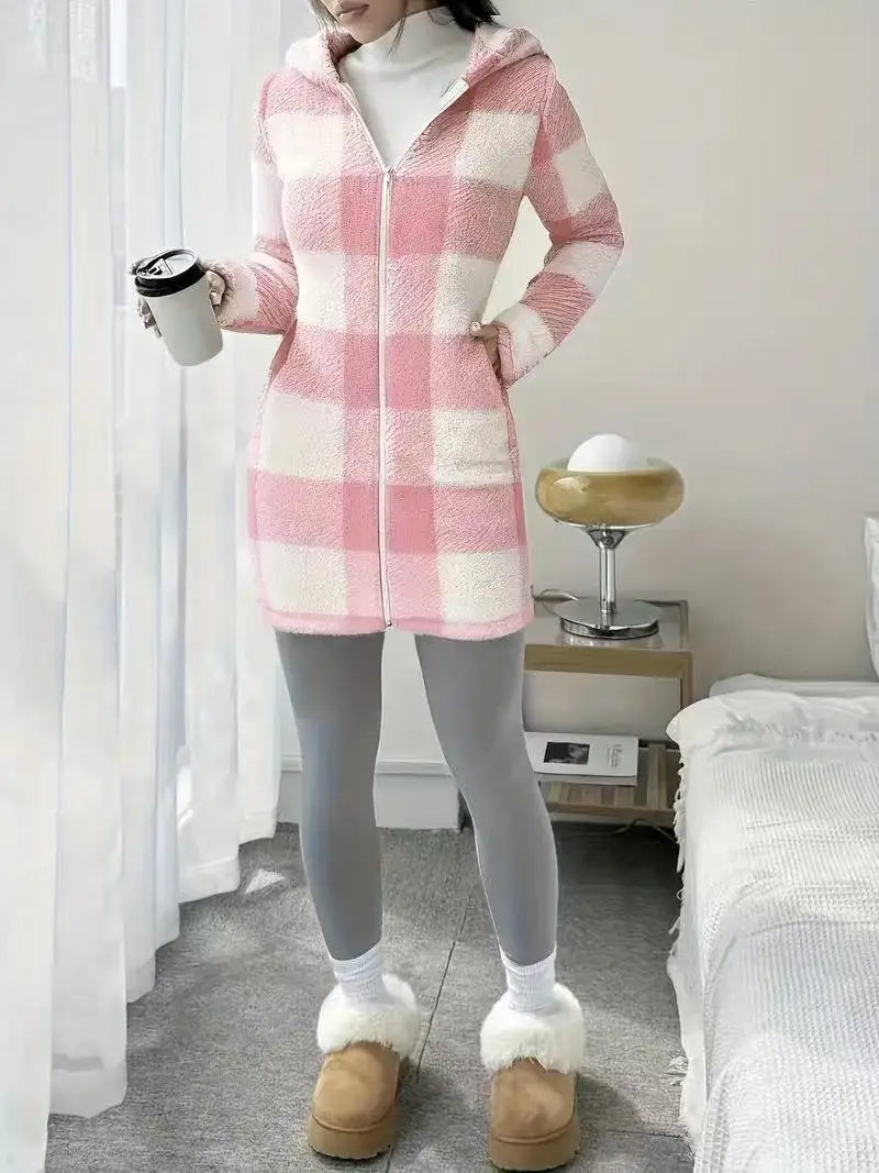 Manteau Femme Hiver Chaud Peluche - Carreaux Capuche Long Zip Cardigan