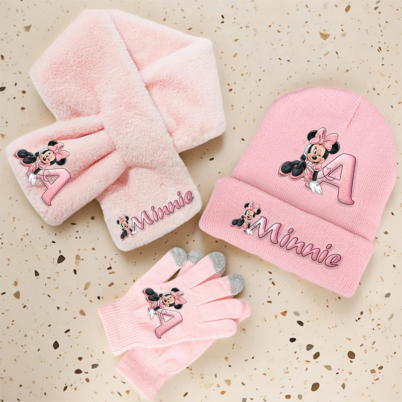 Ensemble Bonnet Écharpe Gants Minnie Mouse Enfant Hiver - Set 3 Pièces Tricoté Chaud Fille Cadeau