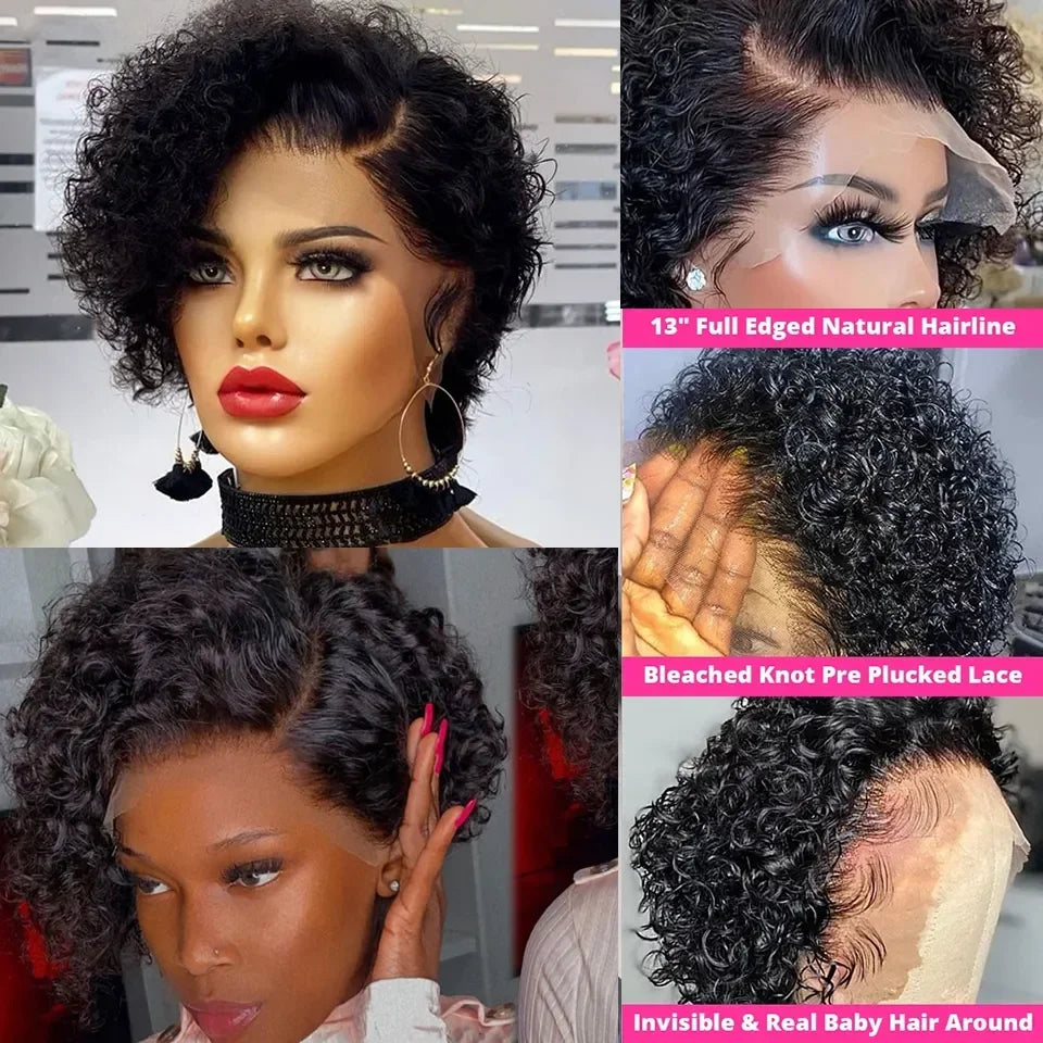 Perruque Cheveux Humains Bob Pixie Cut Bouclée - Lace Front 13x5x1 Péruvienne Deep Wave Femme