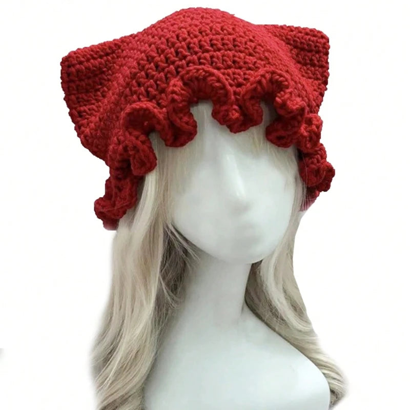 Bonnet Tricoté Main Y2K Oreilles de Chat - Chapeau Chaud avec Nœud et Bords Plissés pour Automne Hiver