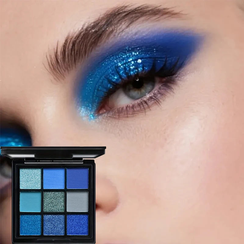 Palette Fard à Paupières Bleu Luxe 9 Couleurs - Mat Velours et Paillettes Waterproof Smoky Eyes Longue Tenue
