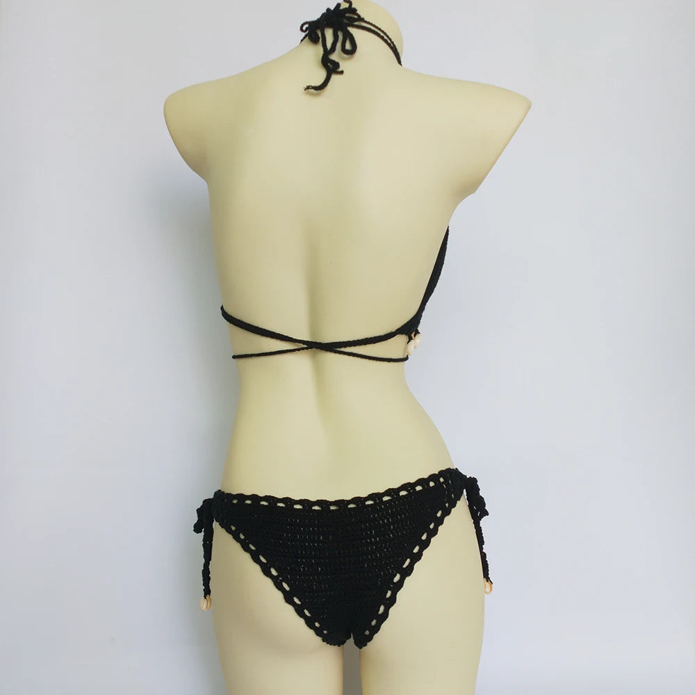 Ensemble Bikini 3 Pièces Crochet avec Coquillages - Top à Franges, String Sexy et Chaîne de Cheville Coquillage