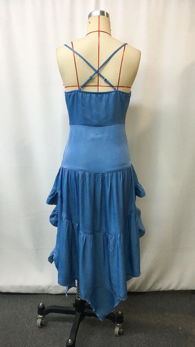 Robe Denim Rétro Western Midi Flare Volants - Vintage Cowboy Style Automne Stretch Confort Femme