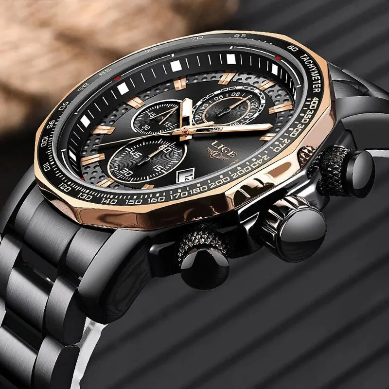 Montre Sport Homme LIGE Chronographe Or Noir - Acier Waterproof Luxury