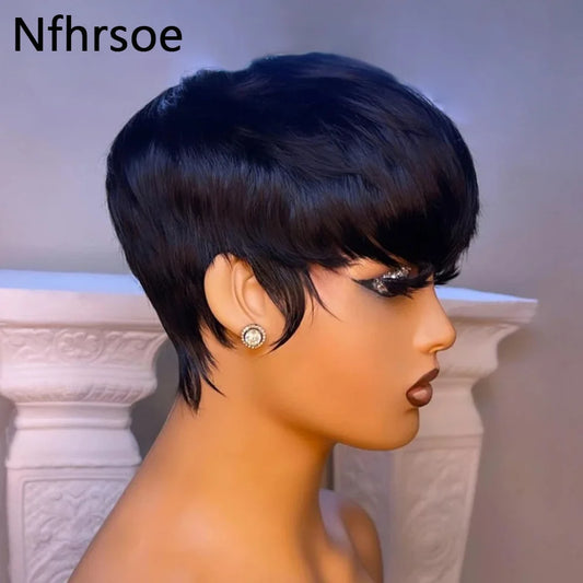 Perruque Bob Courte Pixie Lisse avec Frange - Cheveux Naturels Brésiliens Vierges Sans Lace