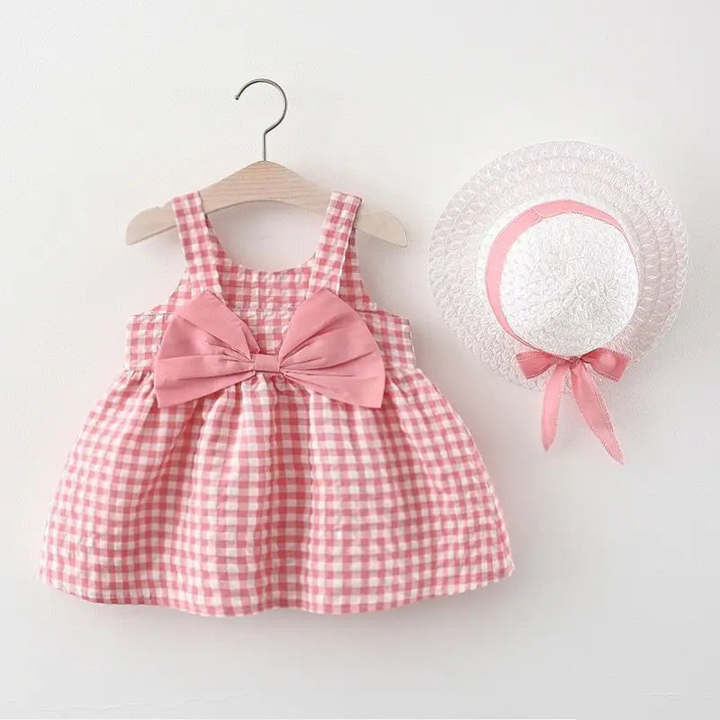 Ensemble Bébé Fille Anniversaire - Robe Carreaux Nœud + Chapeau 2 Pièces 0-3 Ans Été
