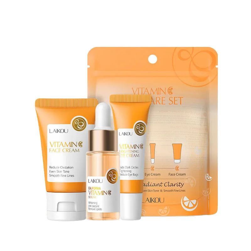 Coffret Soin Visage LAIKOU 3pcs - Vitamine C Or 24K Sakura Crème Sérum Contour Yeux Hydratant Anti-Rides