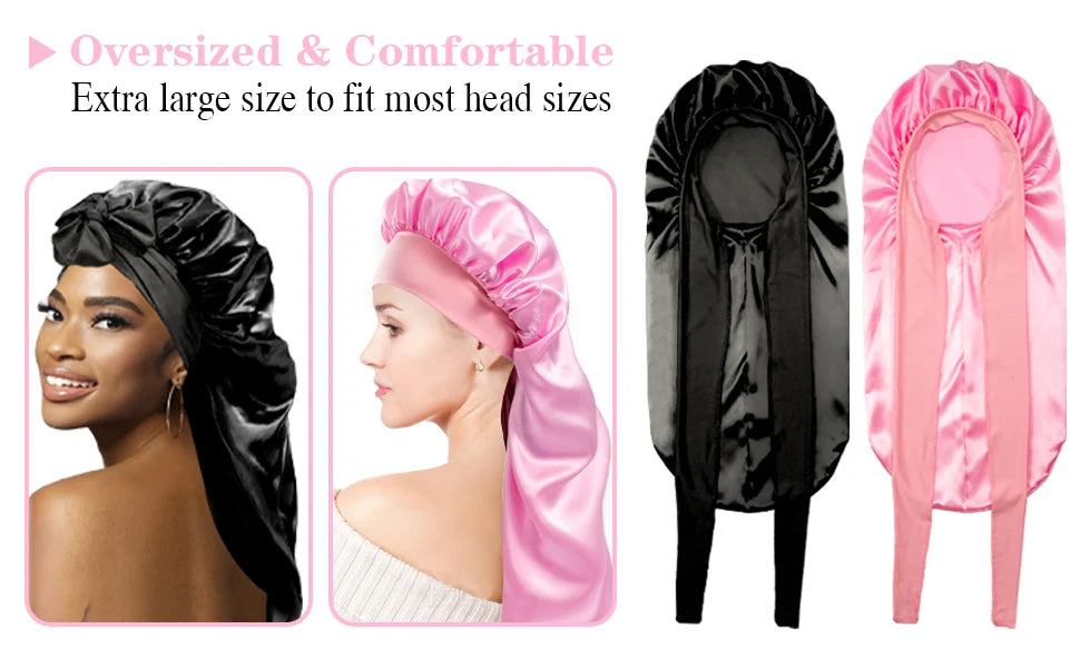 Bonnet Nuit Cheveux Longs Satin Extra Large Femme - Bandeau Élastique Soyeux Confortable Sommeil Douche Protection