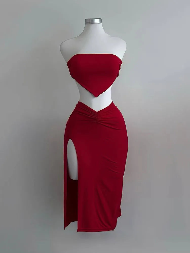 Ensemble 2 Pièces Femme Été - Crop Top Bustier Jupe Taille Haute Fendue Sexy Soirée