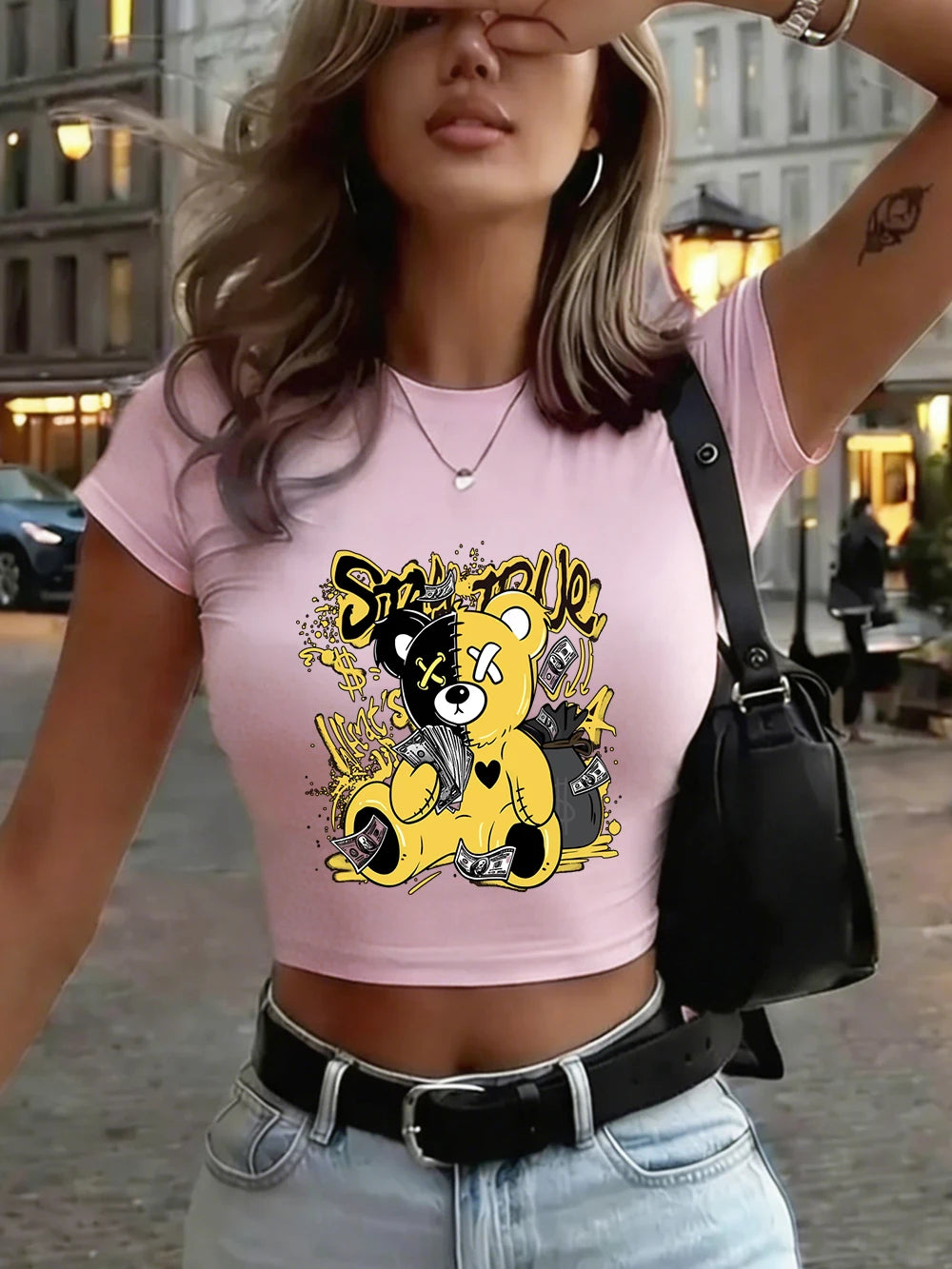 Top Crop Femme Ours Mignon Imprimé - Col Rond Manches Courtes Ajusté Sexy Été