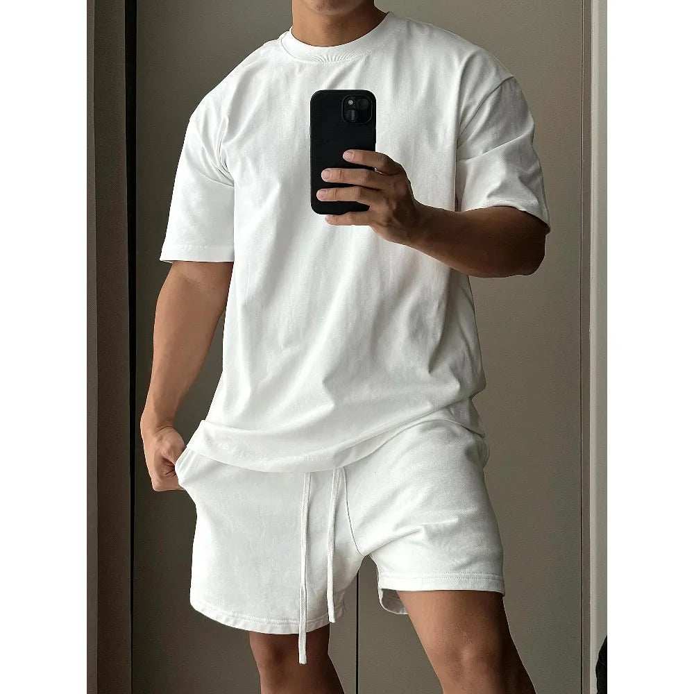 Ensemble Homme 2 Pièces Coton - T-Shirt Manches Courtes & Short Sport Streetwear Loose