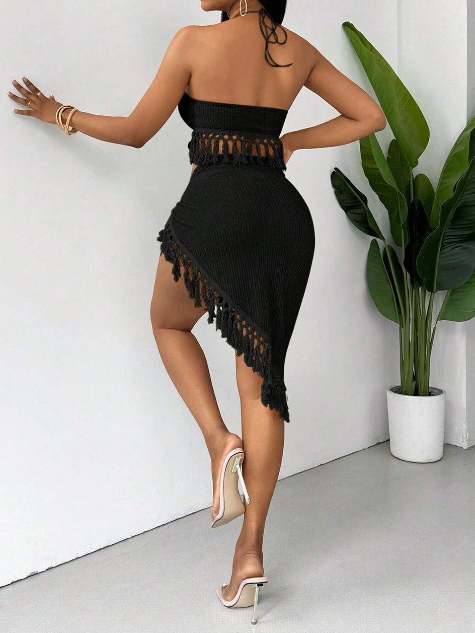 Bikini Femme 2 Pièces Pompons - Haut Halter & Jupe Fendue Sexy Beachwear