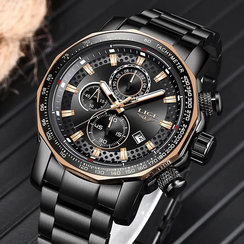 Montre Sport Homme LIGE Chronographe Or Noir - Acier Waterproof Luxury