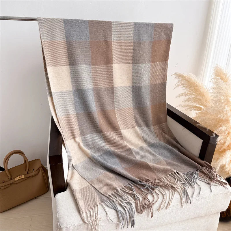 Écharpe Plaid Carreaux Luxe Automne/Hiver - Pashmina Châle Franges Femme Chaud