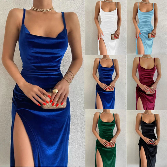 Robe Maxi Velours Col Swing Sans Manches - Fendue Sexy Soirée Élégante Y2K 2024