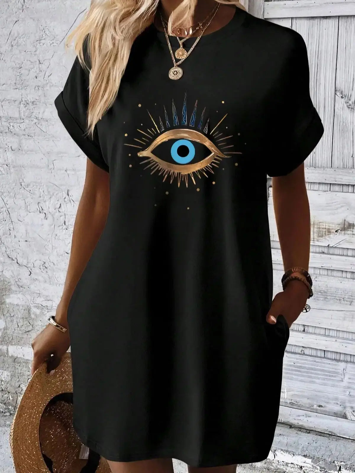 Robe Noire Été Loose Imprimée - Col Rond Manches Courtes Poches Casual Grande Taille