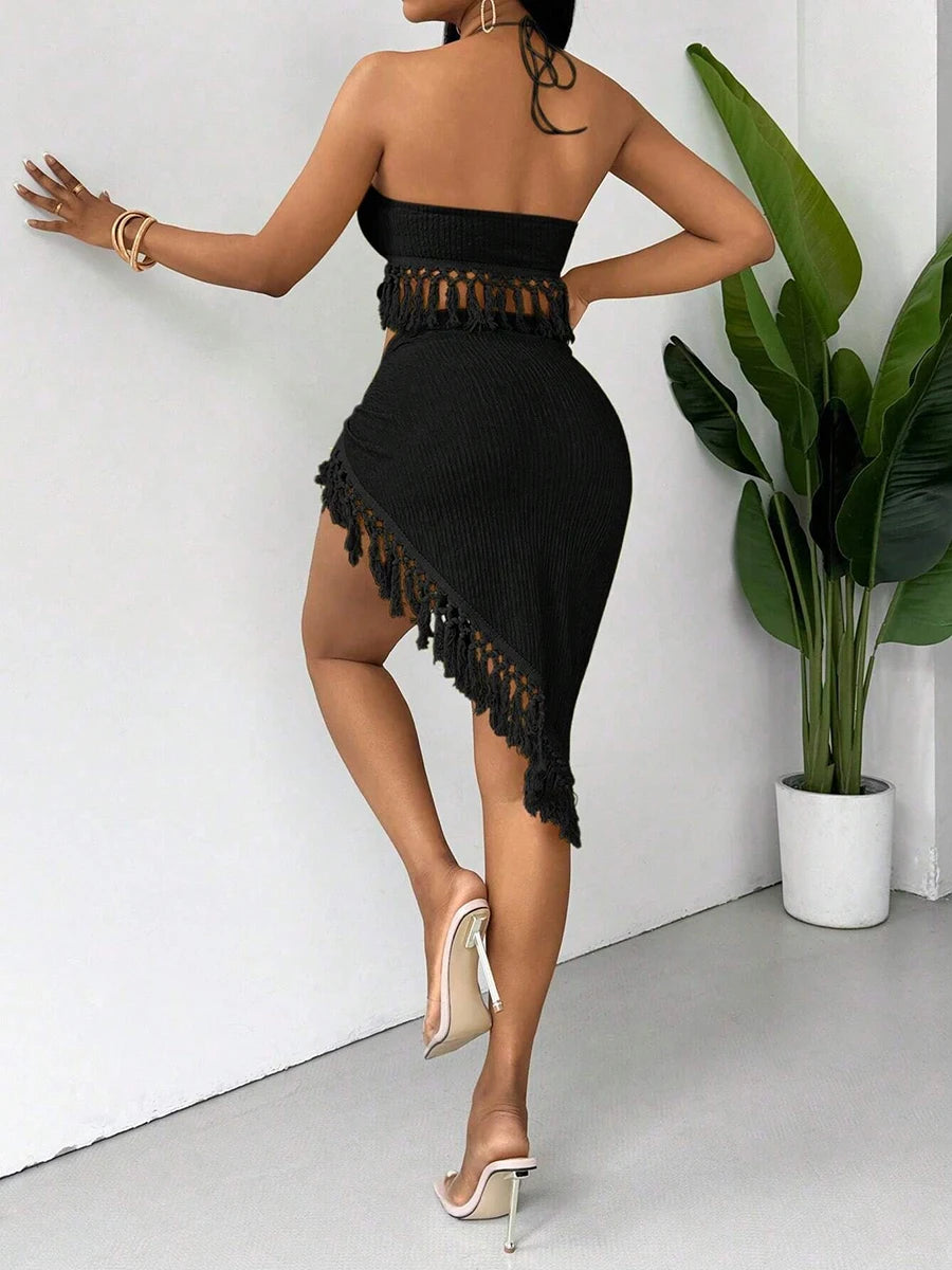 Bikini Femme 2 Pièces Pompons - Haut Halter & Jupe Fendue Sexy Beachwear