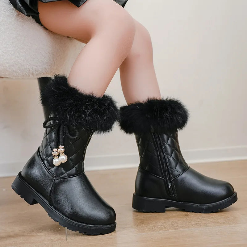 Bottes Neige Filles 2025 avec Nœud - Bottines Hiver Fourrées Imperméables Mi-Mollet