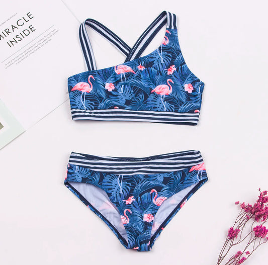 Bikini Fille 2 Pièces Imprimé Flamant Rose - Maillot de Bain Patchwork