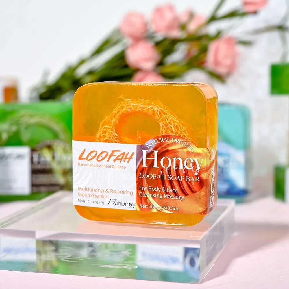 Savon Miel Loofah Visage 100g - Anti-Acné Tea Tree Citron Rose Blanchissant Artisanal Éponge