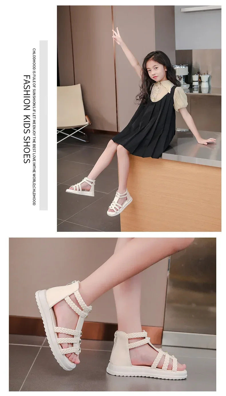 Sandales Romaines Fille Été Tressées - Chaussures Plates Montantes Rivets Noires Casual Mode