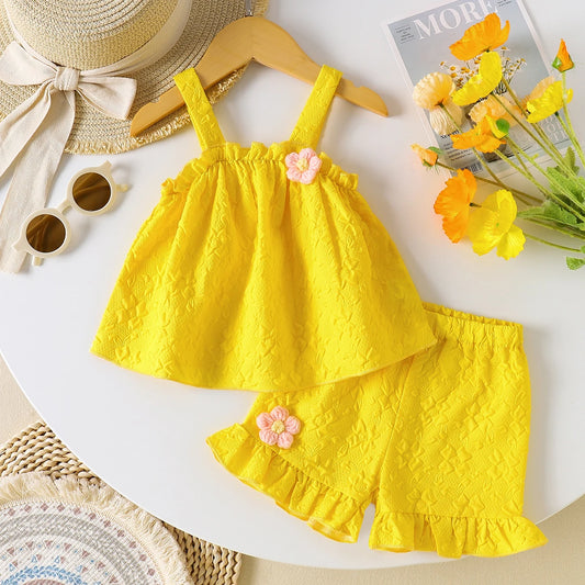 Ensemble 2 pièces bébé fille jaune - Top fleurs + Short à volants